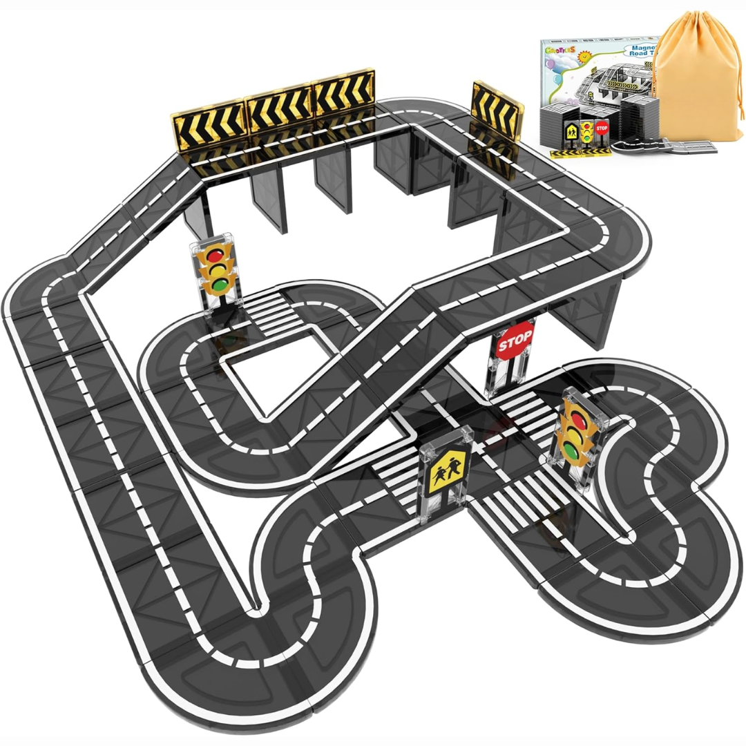 Magnetic Road Tile Expansion Set for Kids with Tracks and Accessories
