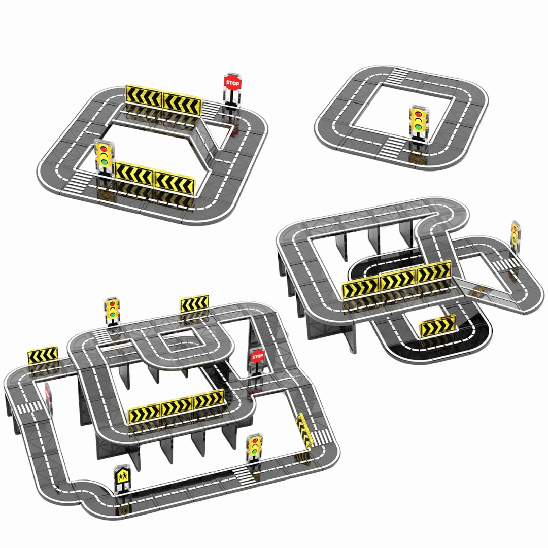 Magnetic Road Tile Expansion Set for Kids with Tracks and Accessories