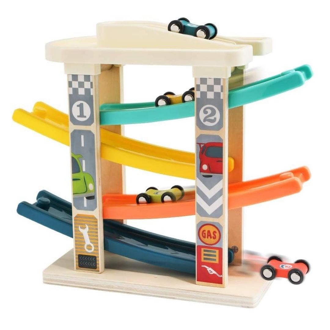 Race Track Car Ramp Garage Playset for Toddlers with 4 Mini Cars