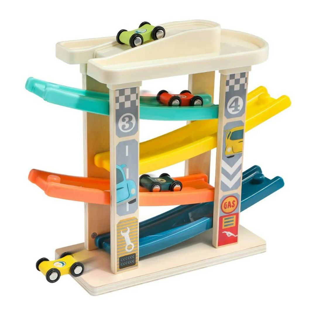 Race Track Car Ramp Garage Playset for Toddlers with 4 Mini Cars