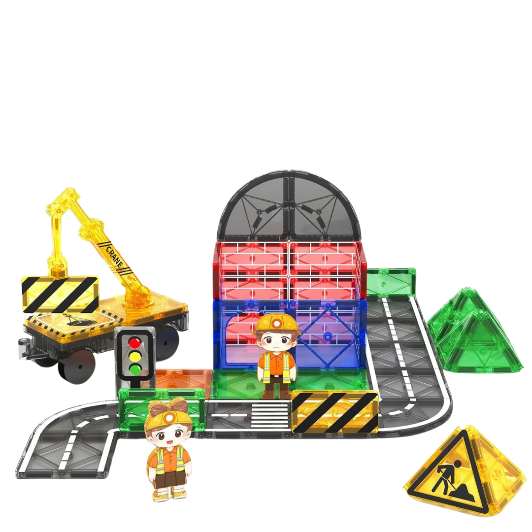 Magnetic Tiles City Road Track Set with Crane and Car for Kids Ages 3+