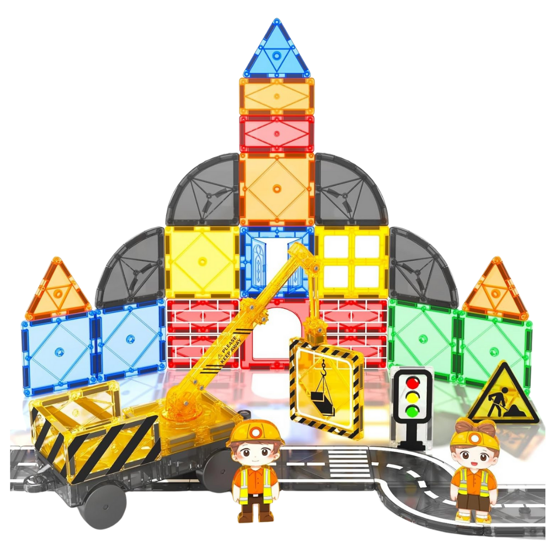 Magnetic Tiles City Road Track Set with Crane and Car for Kids Ages 3+